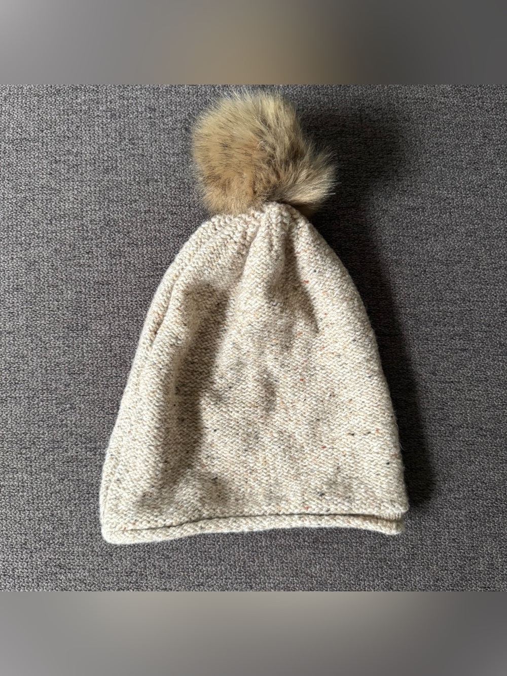 Madewell Pom Pom Lambswool Cream Speckled Knit Beanie Hat Boho Cozy Whimsical OS